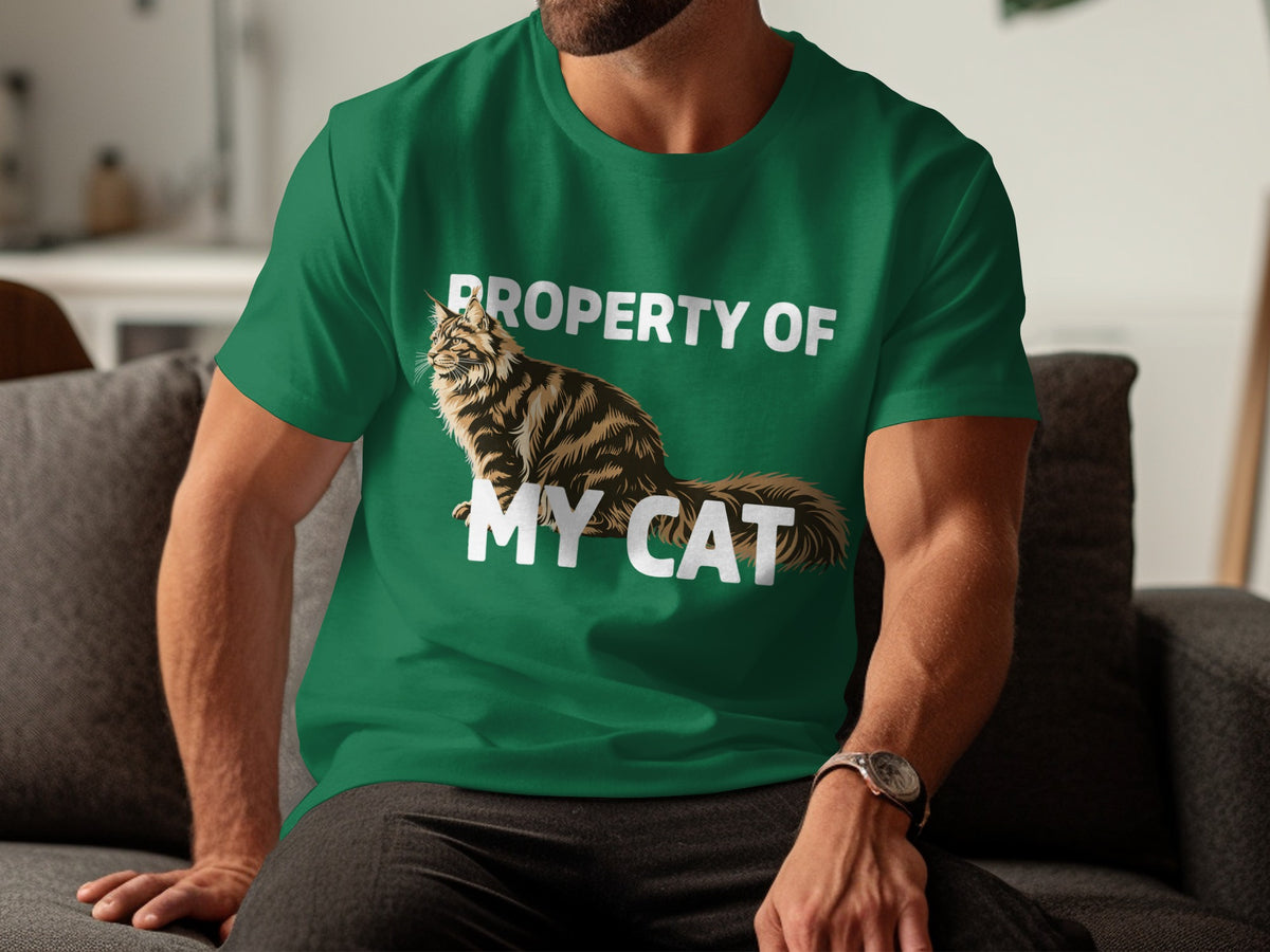 Green t-shirt with "PROPERTY OF MY CAT" and a cat graphic.
