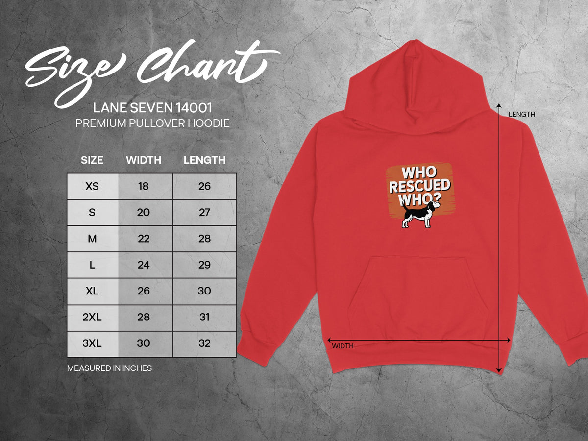 Lane Seven 14001 premium pullover hoodie size chart with measurements in inches.