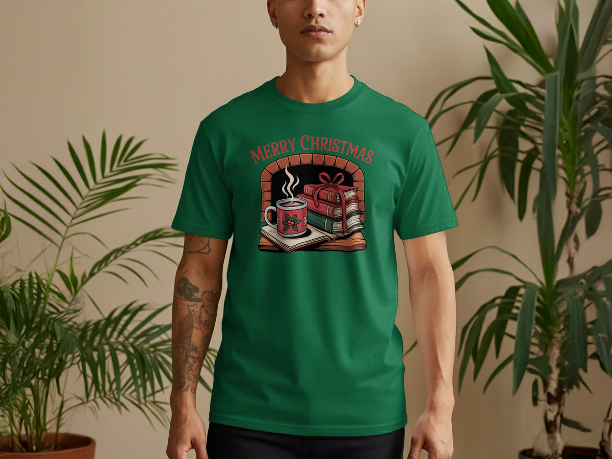 Green t-shirt with a Christmas graphic featuring a fireplace, books, and a mug.