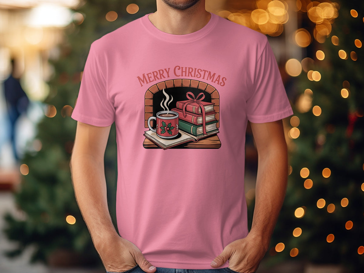 Pink t-shirt with "Merry Christmas" text and fireplace illustration.