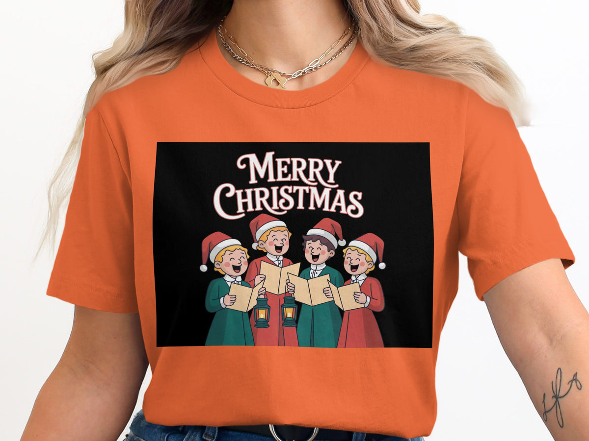 Four cartoon children in Santa hats sing with open books and lanterns, with "Merry Christmas" text.