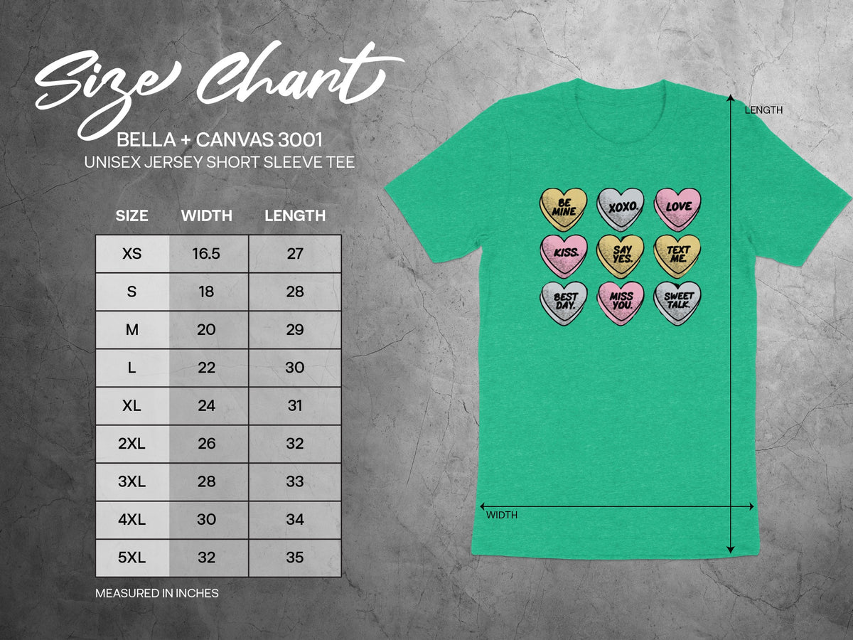 Bella + Canvas 3001 size chart alongside a green t-shirt with heart-shaped candy graphics.