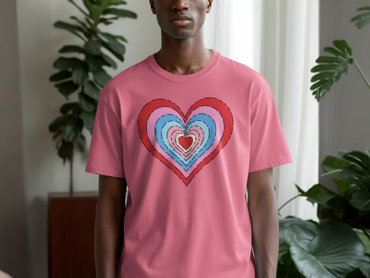 Pink t-shirt with a concentric heart design in red, pink, and blue.