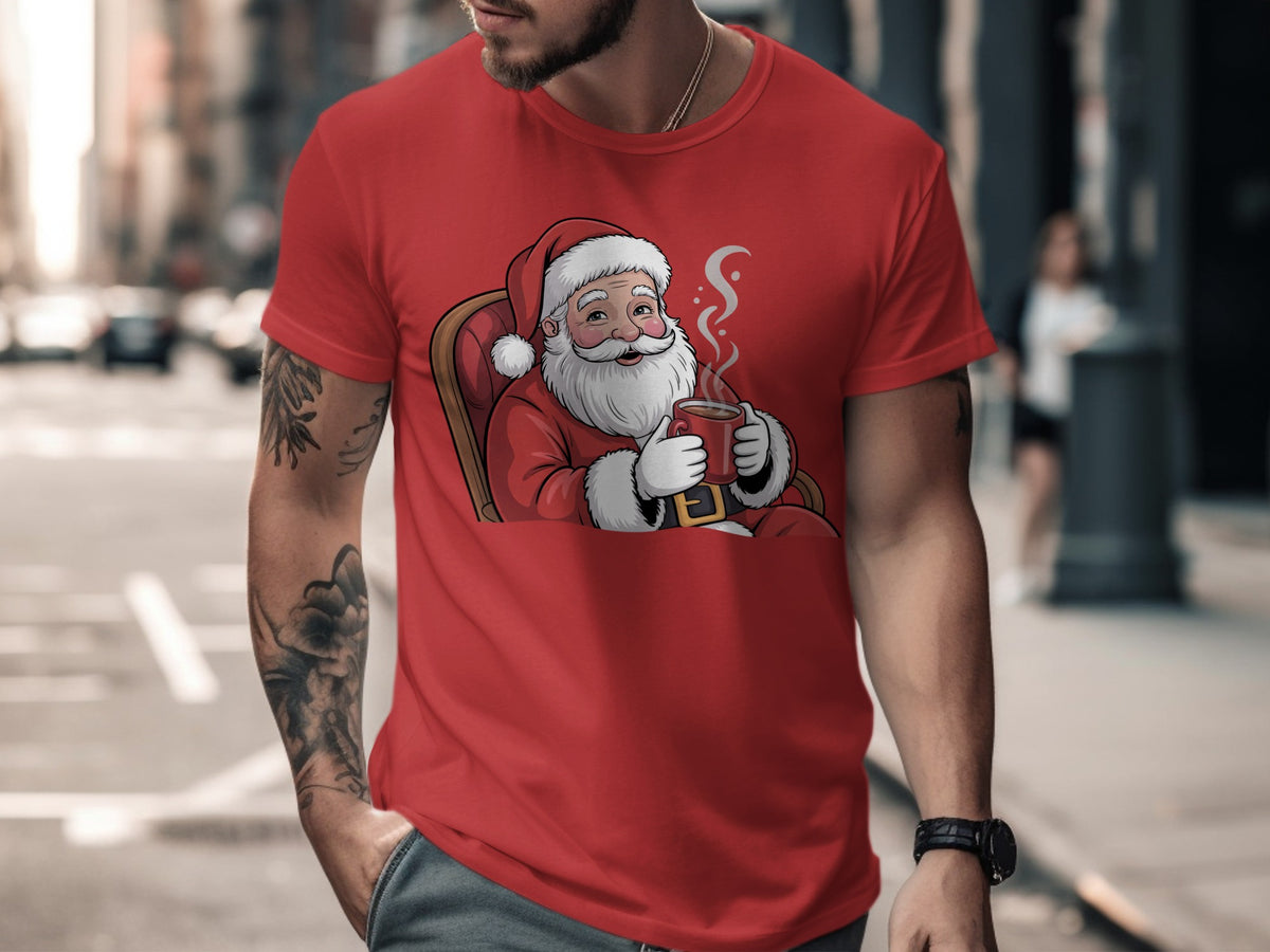 Red t-shirt with illustration of Santa Claus holding a mug of hot drink.