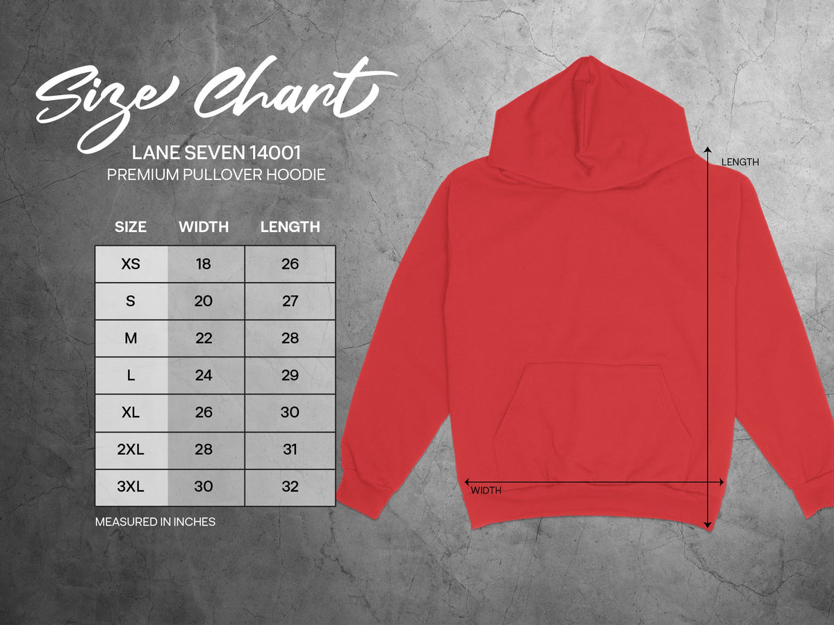 Lane Seven 14001 Premium Pullover Hoodie size chart with width and length in inches.