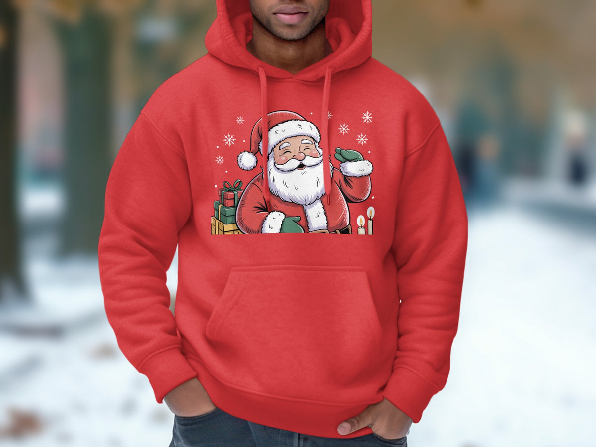 A person wearing a red hooded sweatshirt featuring a cartoon graphic of Santa Claus surrounded by gifts.