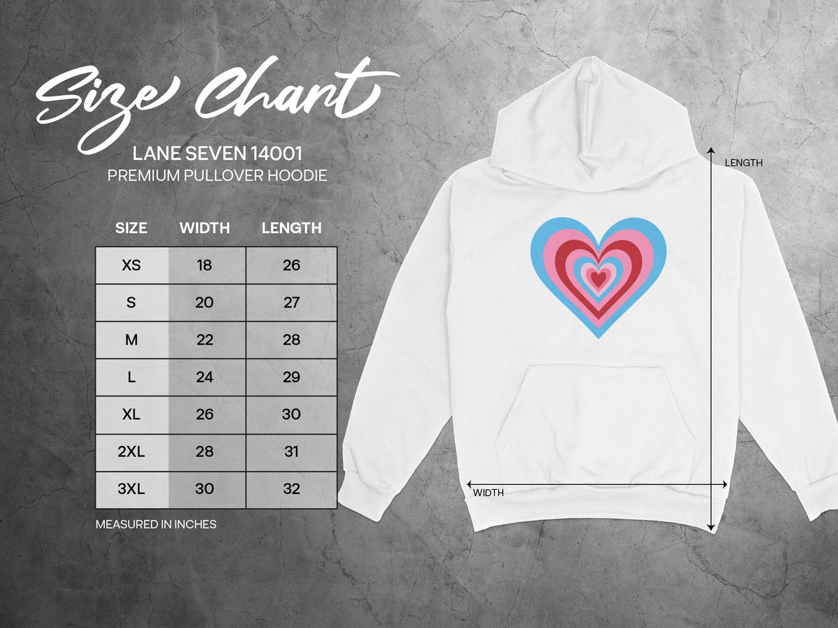 Size chart for Lane Seven 14001 premium pullover hoodie with measurements in inches.