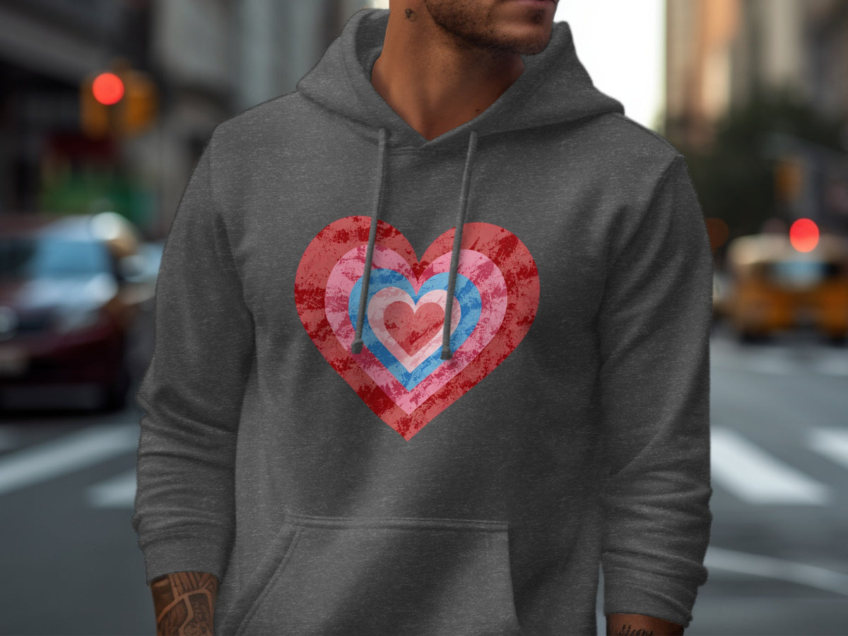 Gray hoodie with a textured heart graphic in red, pink, and blue.