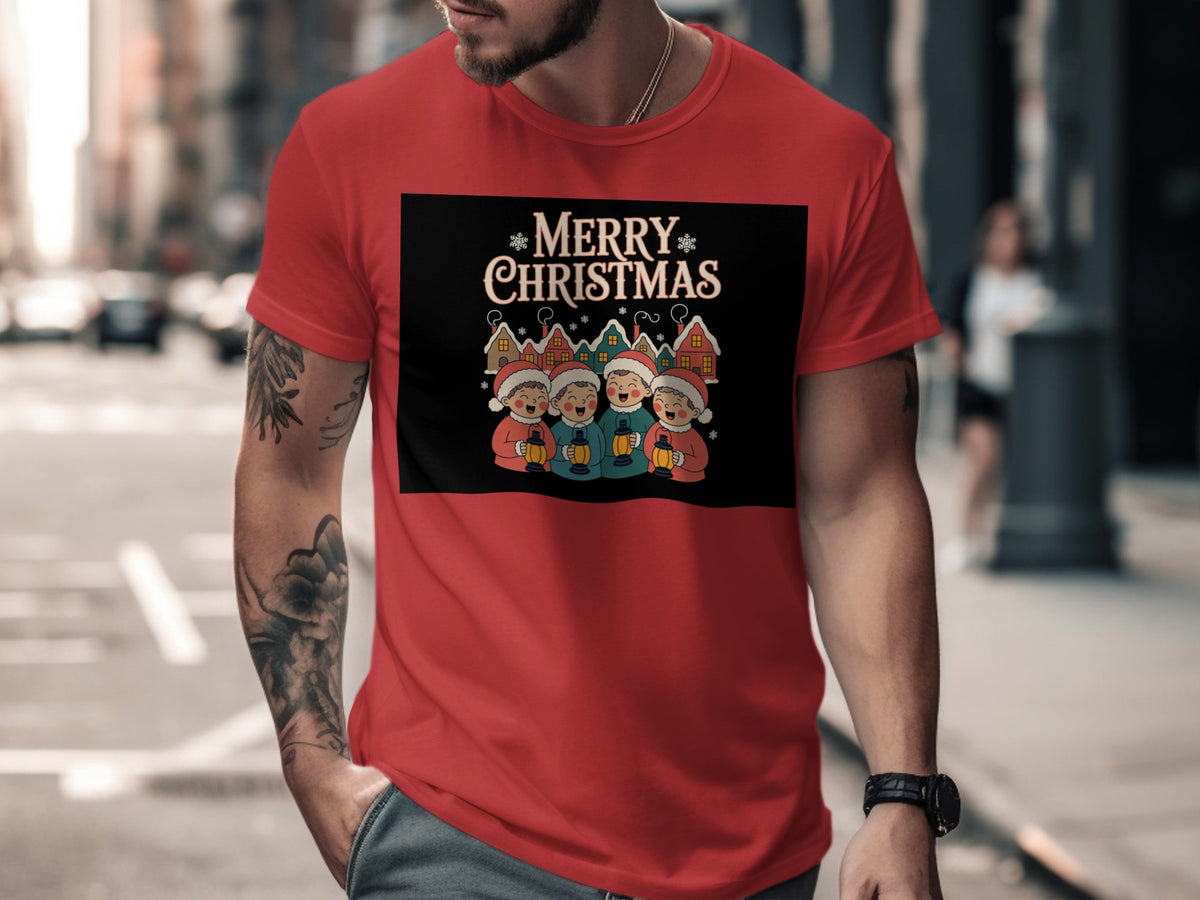 Red t-shirt with "Merry Christmas" and carolers in cartoon style.