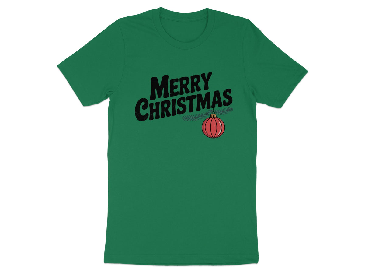 Green t-shirt with black "Merry Christmas" text and a red ornament.