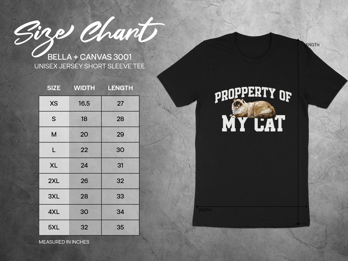 Size chart for Bella + Canvas 3001 unisex jersey tee with cat graphic.