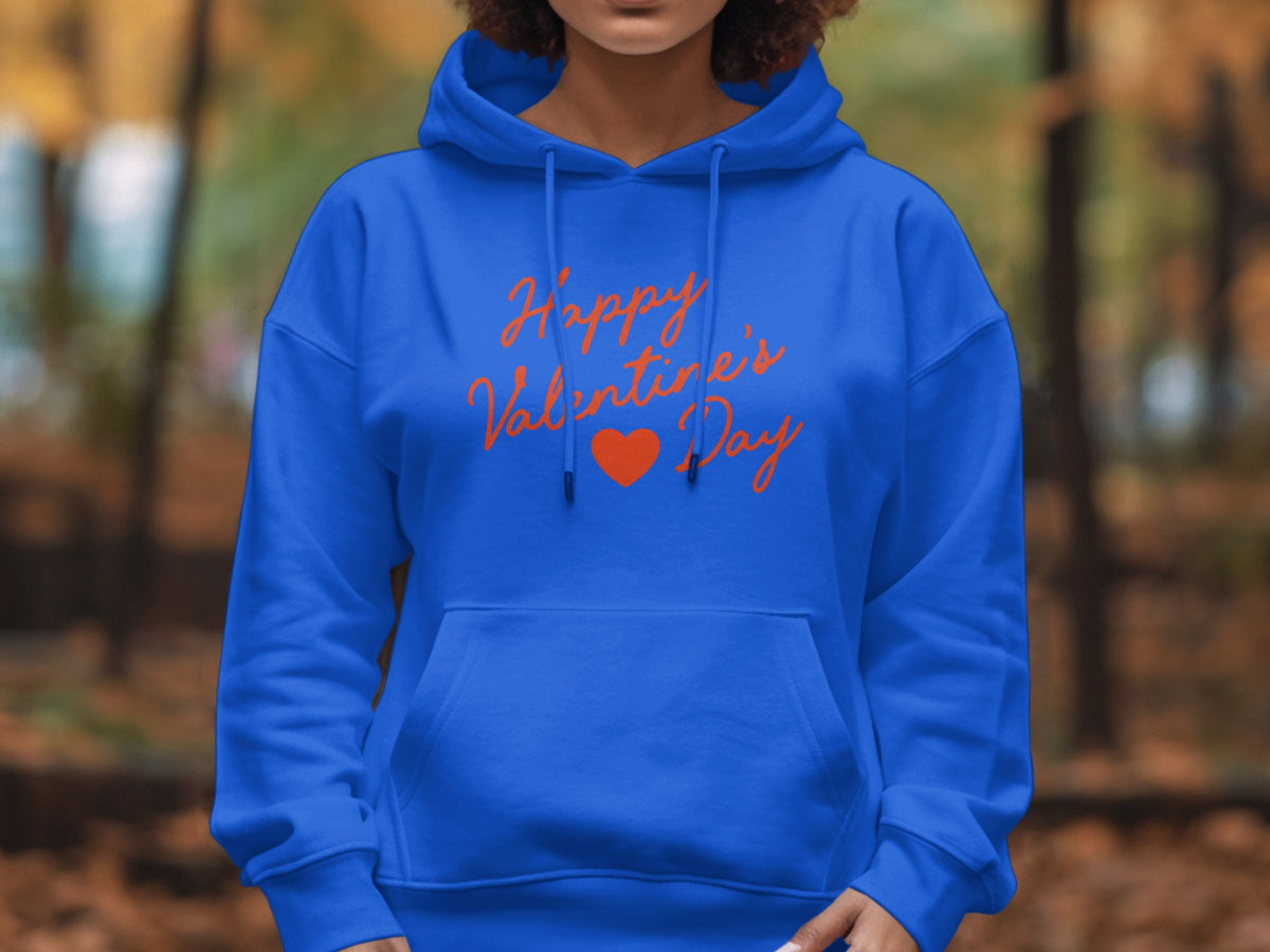 Blue hoodie with "Happy Valentine's Day" text and heart graphic.