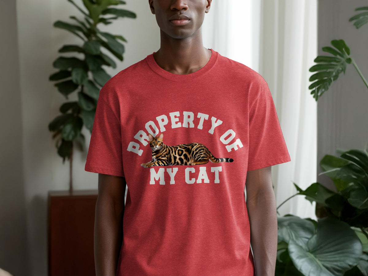 Red t-shirt with "Property of My Cat" text and a bengal cat graphic.