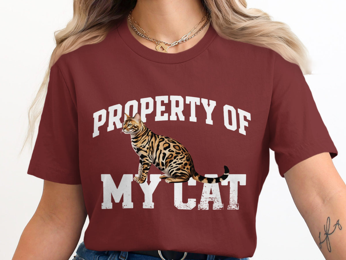 Maroon t-shirt with Bengal cat graphic and "PROPERTY OF MY CAT" text.