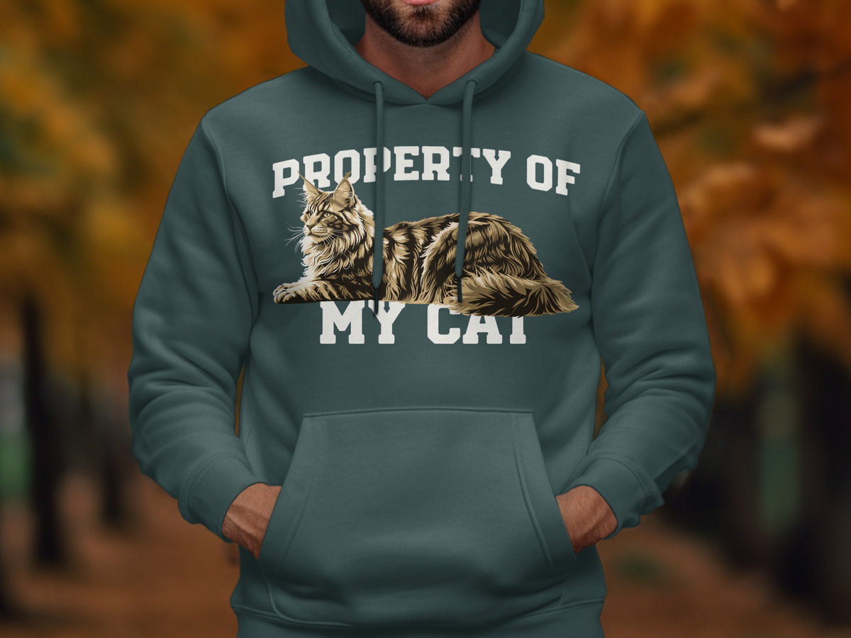 Hoodie with text "PROPERTY OF MY CAT" and a Maine Coon cat graphic.