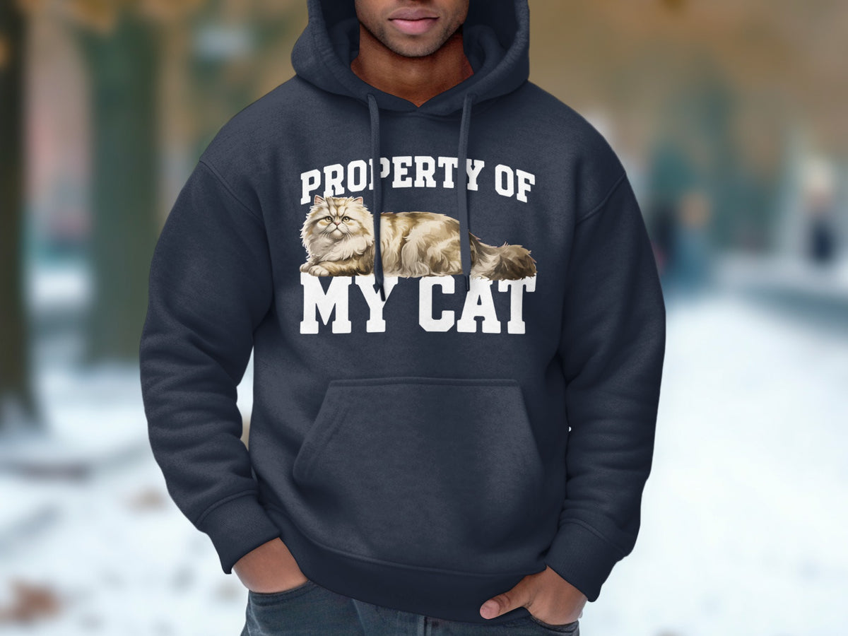 Dark blue hoodie with "Property of My Cat" and a fluffy cat graphic.