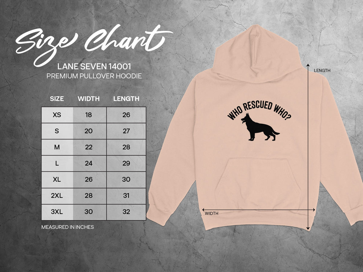 Lane Seven 14001 hoodie size chart with width and length measurements.