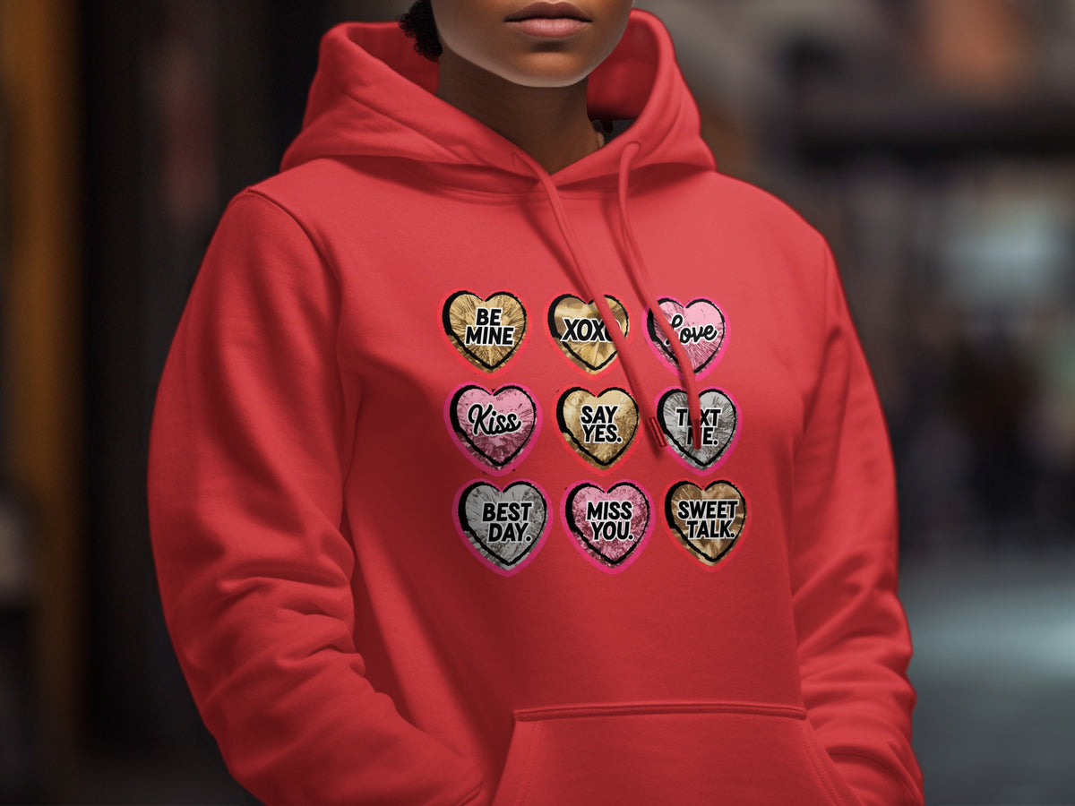 Red hoodie with nine heart designs featuring text like "Be Mine" and "Sweet Talk".