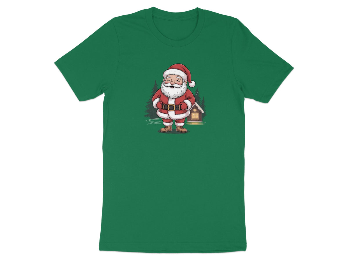 Green t-shirt with a cartoon of Santa Claus in front of a cabin.