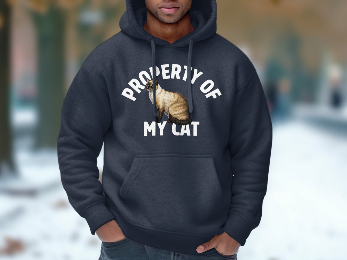 Dark blue hoodie with "PROPERTY OF MY CAT" and Siamese cat graphic.