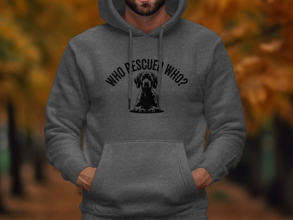 Dark grey hoodie with "Who Rescue Who?" text and a dog graphic.