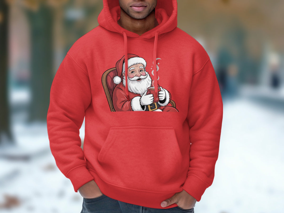 Red hoodie with a cartoon Santa Claus holding a mug of coffee.