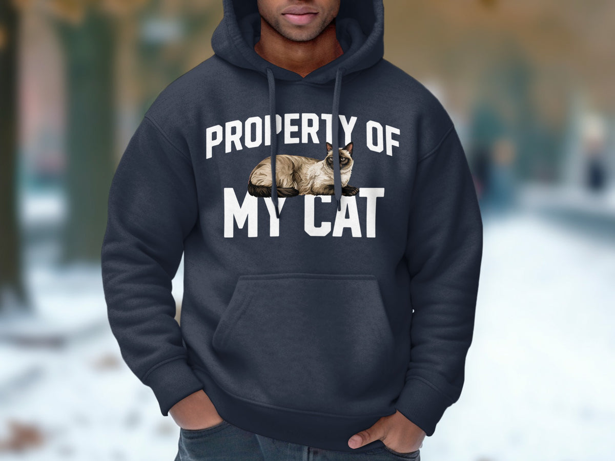 Dark blue hoodie with "Property of My Cat" text and a Siamese cat graphic.