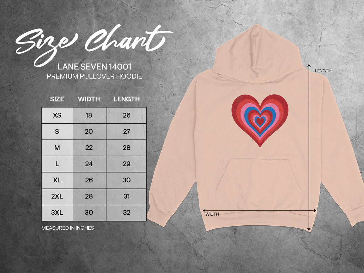 Lane Seven 14001 Premium Pullover Hoodie size chart with width and length measurements.