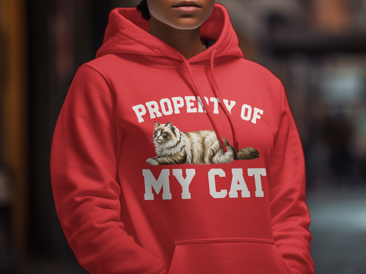 Red hoodie with "PROPERTY OF MY CAT" text and a cat illustration.