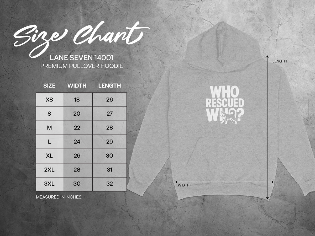 Lane Seven 14001 premium pullover hoodie size chart with measurements in inches.