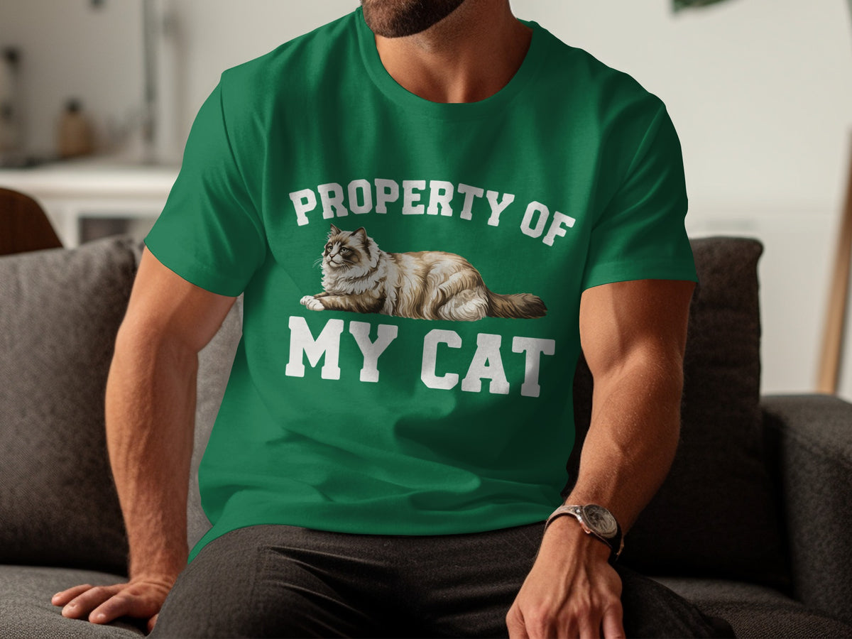 Green t-shirt with "PROPERTY OF MY CAT" text and a fluffy cat illustration.