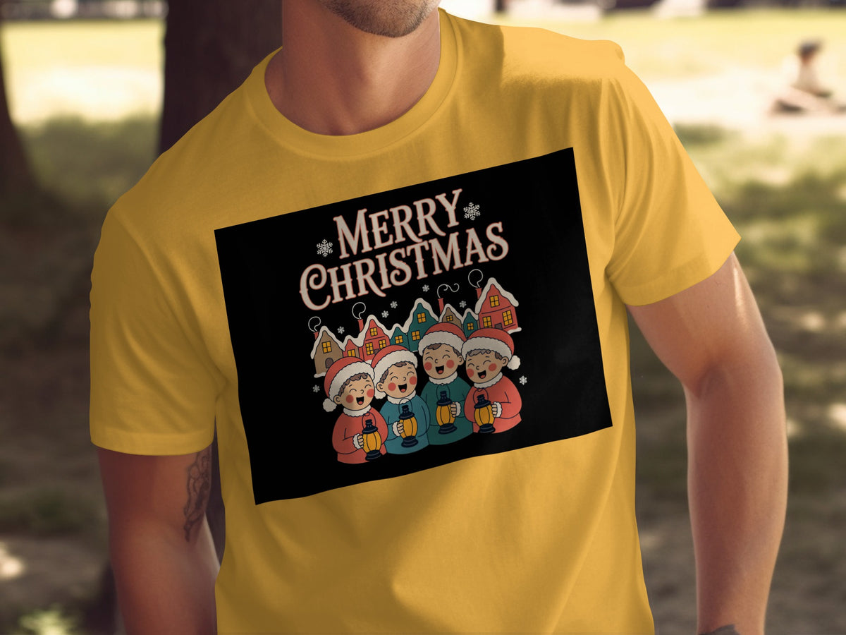 Yellow t-shirt with "Merry Christmas" text and cartoon carolers.