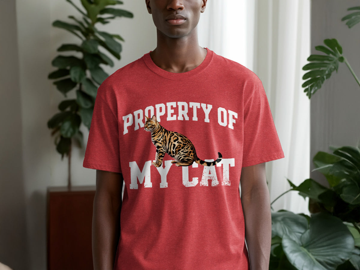 Red t-shirt with "Property of My Cat" text and a Bengal cat graphic.