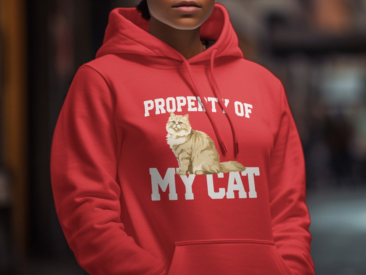 Red hoodie with "PROPERTY OF MY CAT" text and a fluffy cat graphic.
