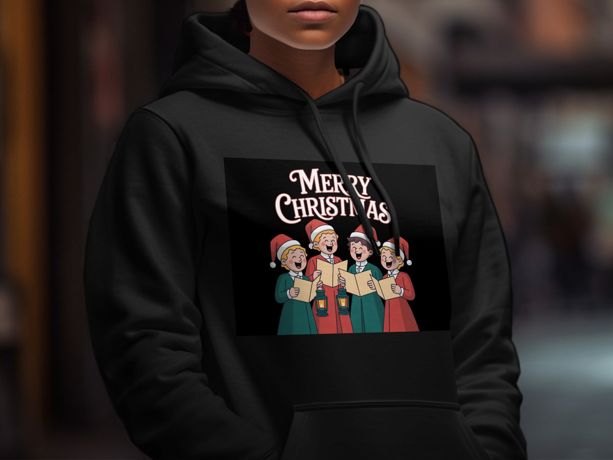 Black hoodie with cartoon carolers and "Merry Christmas" text.