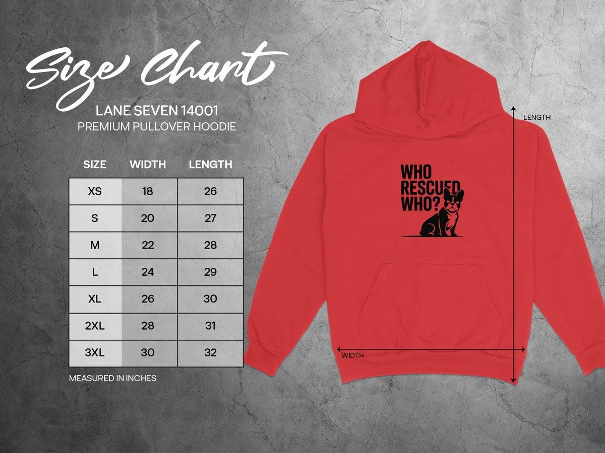 Lane Seven 14001 red hoodie size chart with "Who Rescued Who?" graphic.