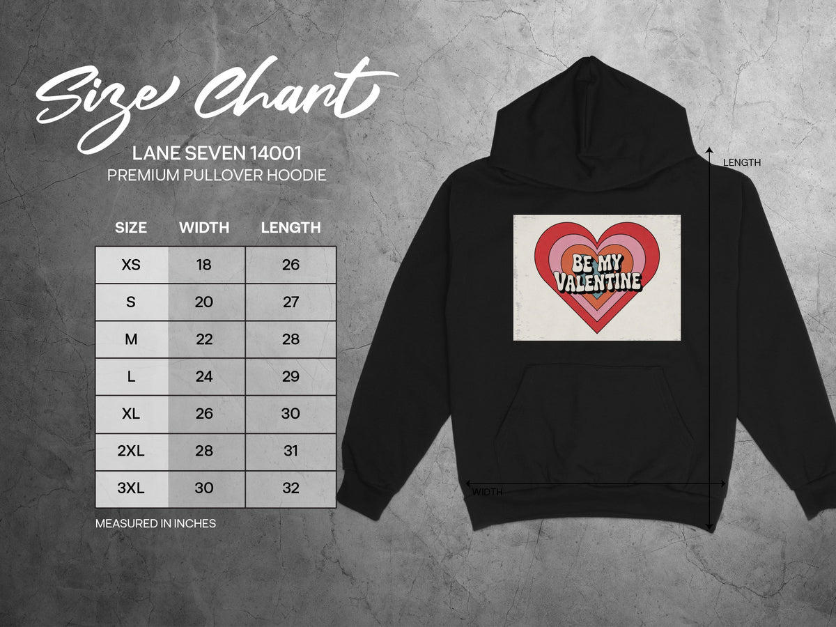 Lane Seven 14001 premium pullover hoodie size chart with measurements in inches.