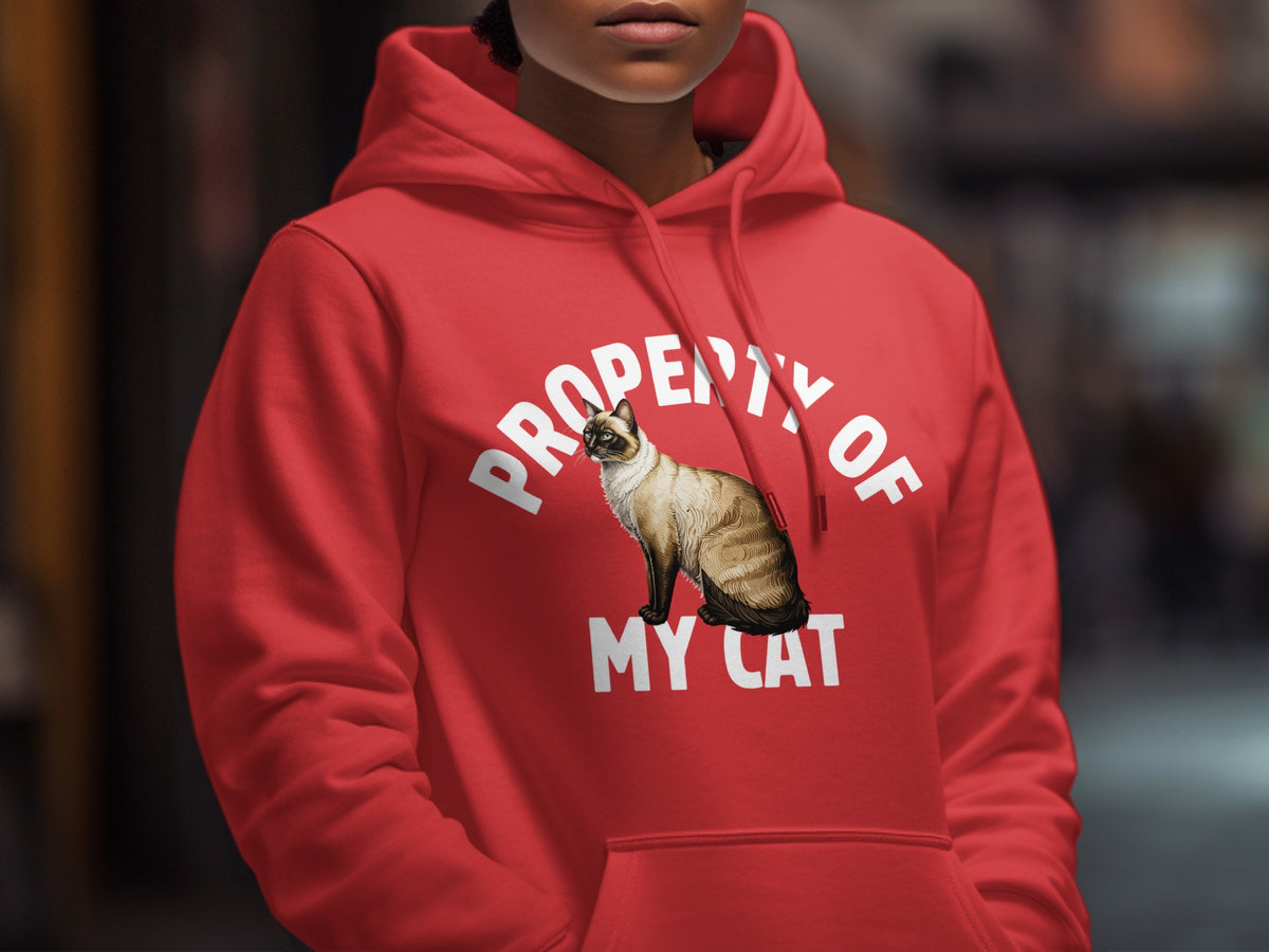 Red hoodie with "Property of My Cat" and a Siamese cat graphic.