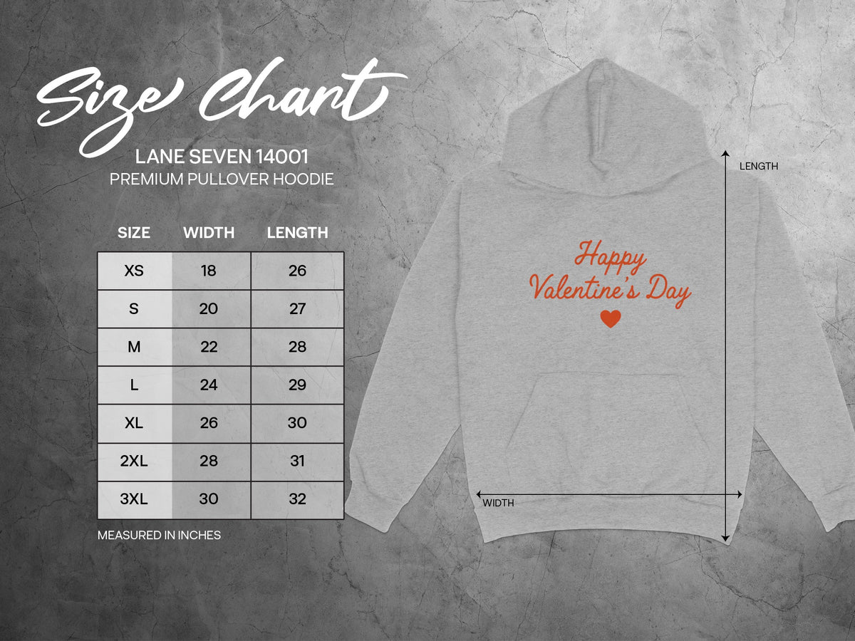 Lane Seven 14001 premium pullover hoodie size chart with width and length measurements in inches.
