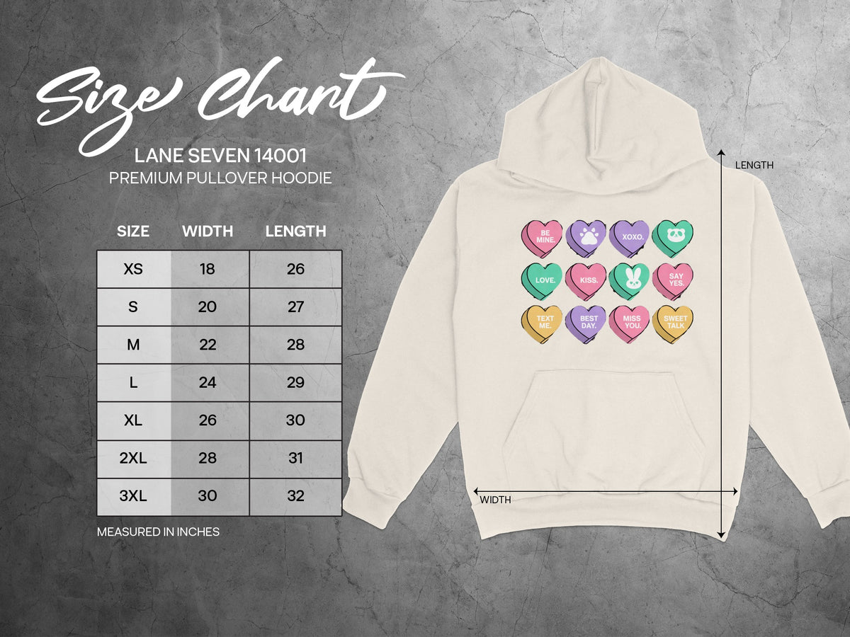 Size chart for Lane Seven 14001 Premium Pullover Hoodie with candy heart graphic.