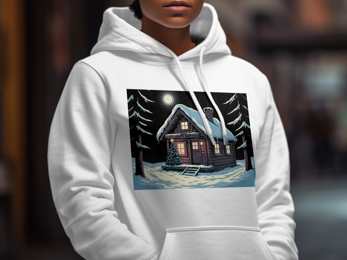 A person wears a white hooded sweatshirt printed with a snowy cabin scene at night.