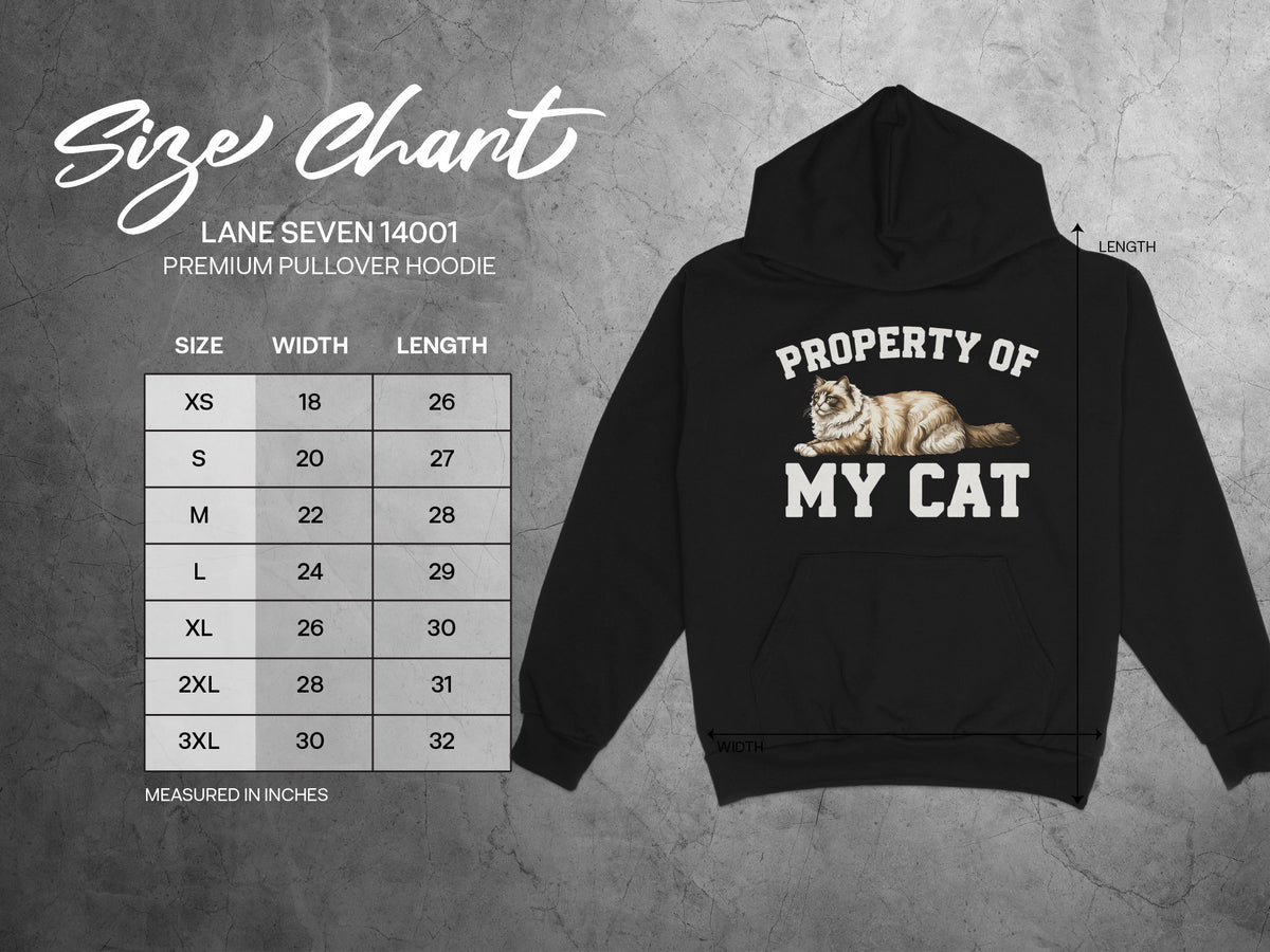 Size chart for black Lane Seven 14001 premium pullover hoodie with cat graphic.