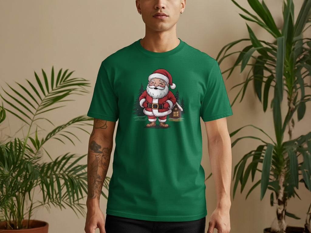 Green t-shirt with a cartoon Santa Claus and a snowy cabin design.