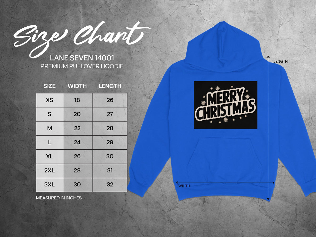 Lane Seven 14001 hoodie size chart with "Merry Christmas" graphic.