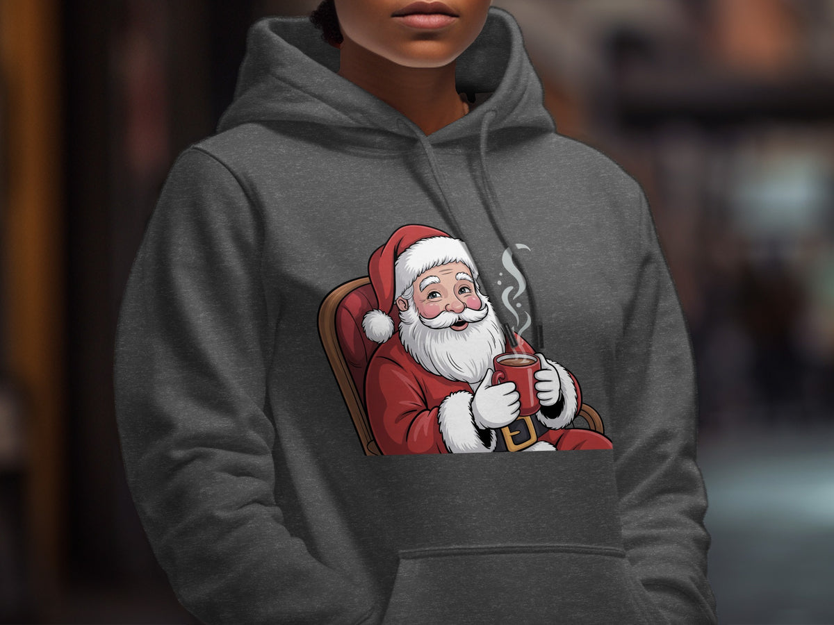 Illustration of Santa Claus sitting in a chair holding a steaming mug of hot chocolate.