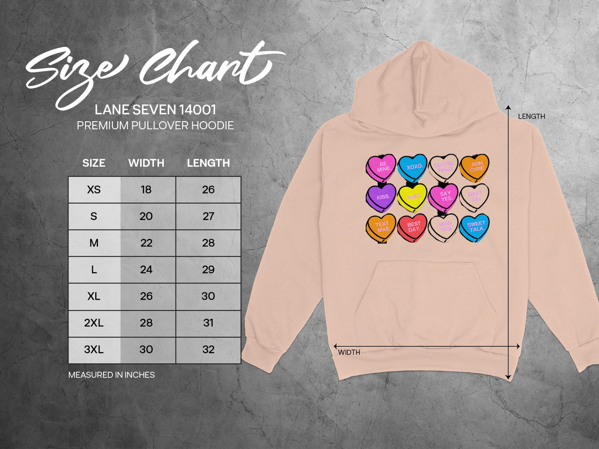 Size chart for Lane Seven 14001 premium pullover hoodie with width and length measurements in inches.