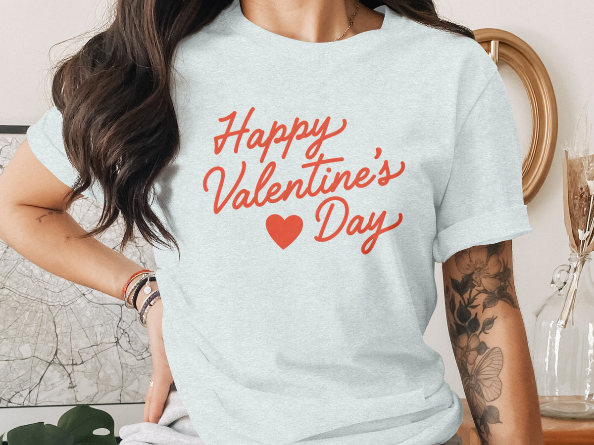 Light grey t-shirt with "Happy Valentine's Day" in red script and heart.