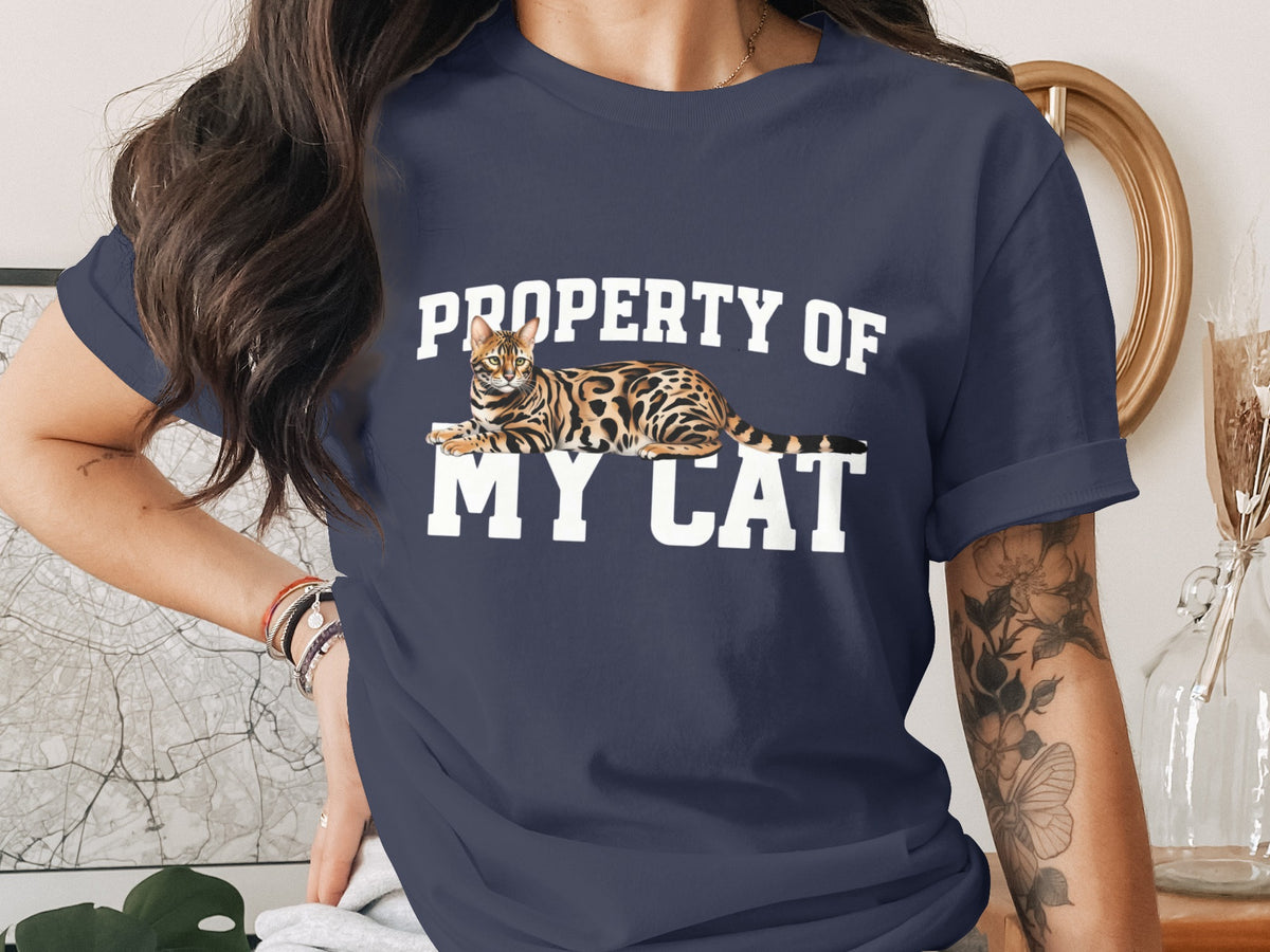 Navy t-shirt with white text "PROPERTY OF MY CAT" and a Bengal cat graphic.