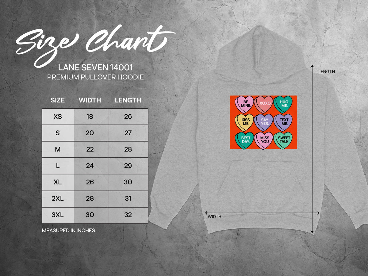Lane Seven 14001 premium pullover hoodie size chart with width and length measurements in inches.