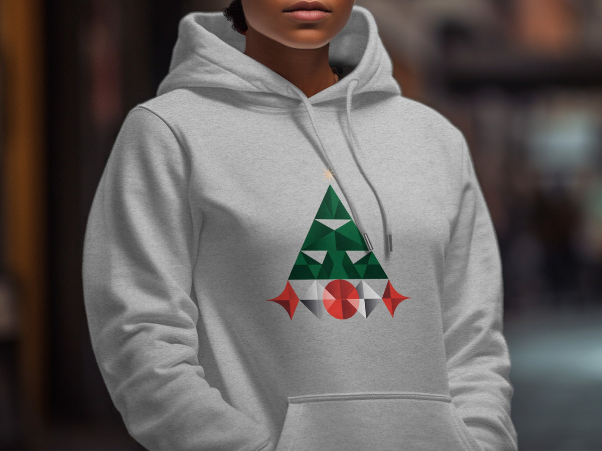Gray hoodie with abstract green Christmas tree and red and white geometric accents.